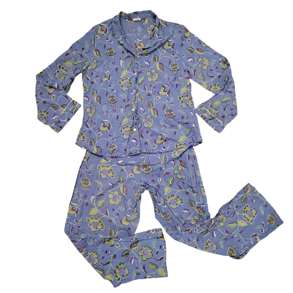 Handprint M Pajama Set Blue Floral Cotton Block Print 2 Piece Loungewear